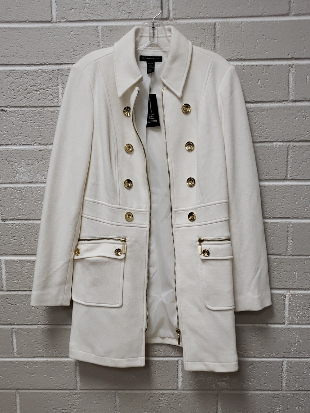 Women's Cream Double-Breasted Coat with Gold Hardware